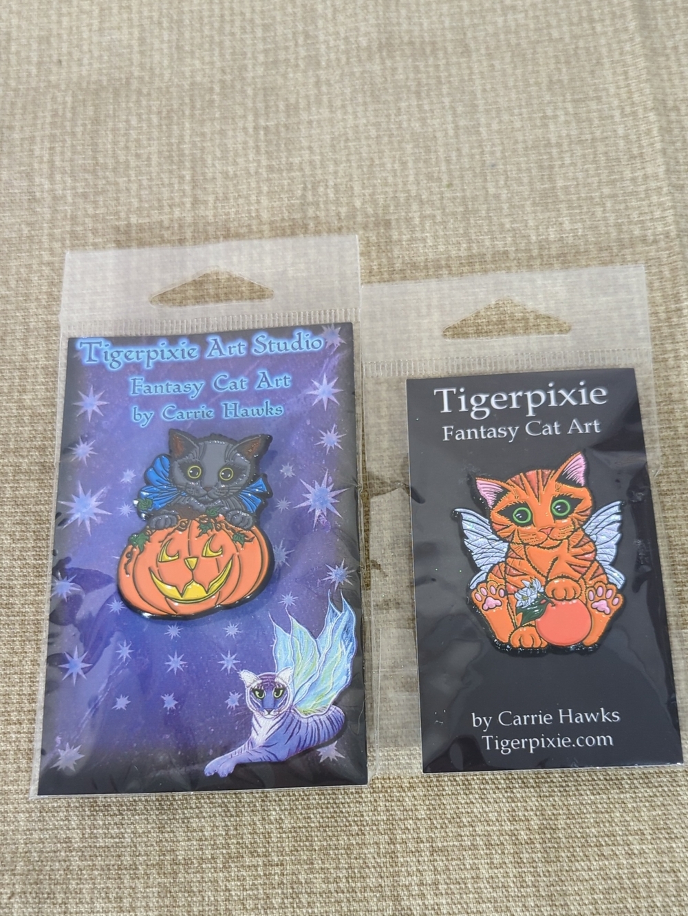 Tigerpixie Halloween Orange Cat Pin - Fantasy Cat Art by Carrie Hawks 2 Pins